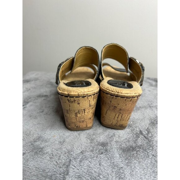 Born Women's Zee Sandal Size 7 Black Leather Wedge Heel Platform Two Strap Slide - Picture 2 of 7